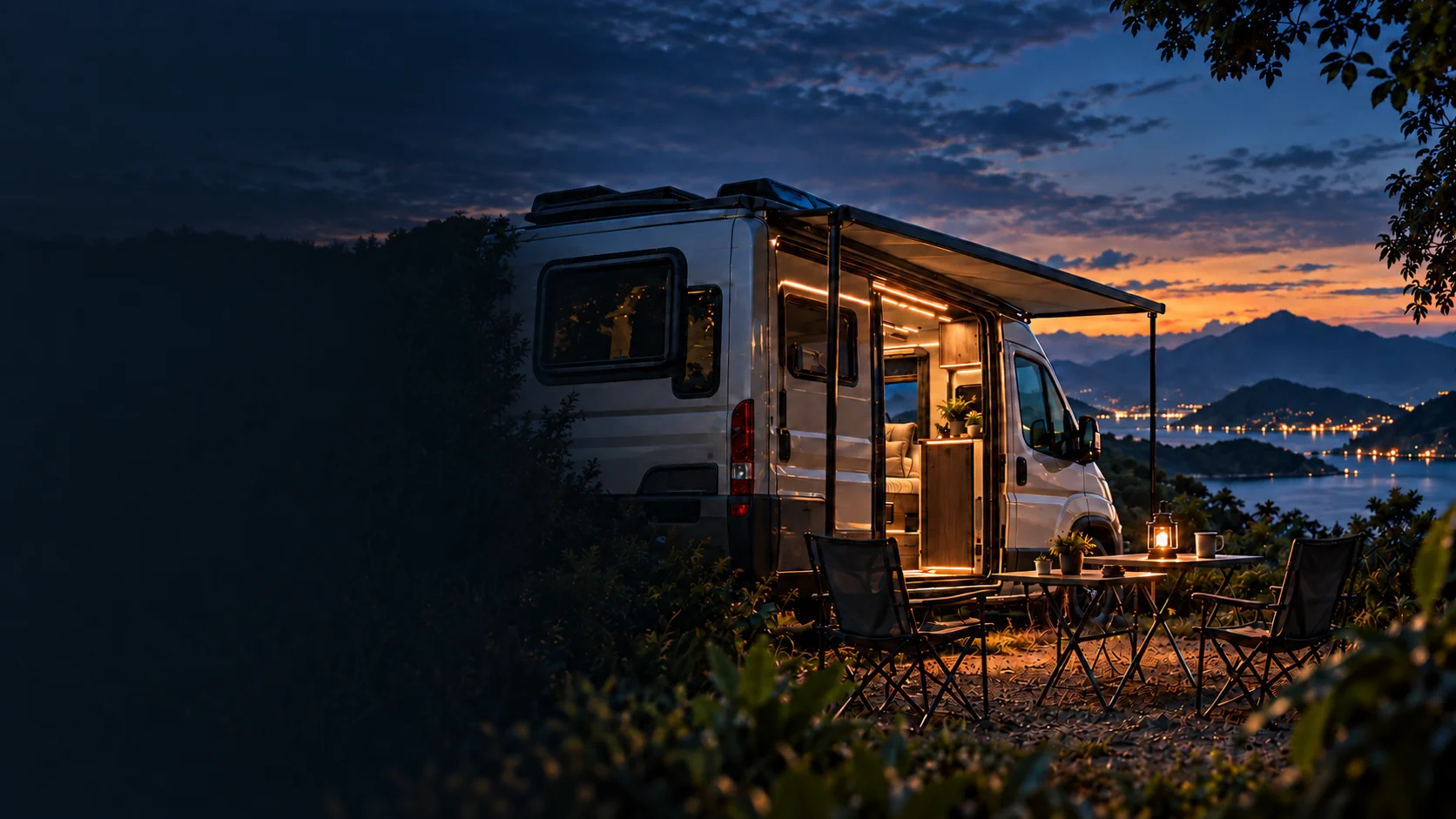 Motorhome em um destino brasileiro ao anoitecer
