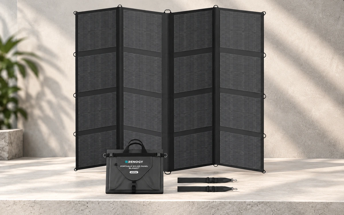 Manta Solar Portátil Renogy 400 W, aberta e dobrada