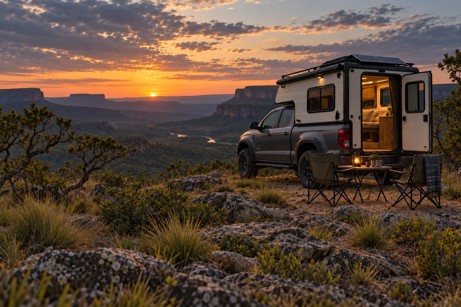Picape com camper em uma paisagem inspirada no Cerrado brasileiro ao anoitecer